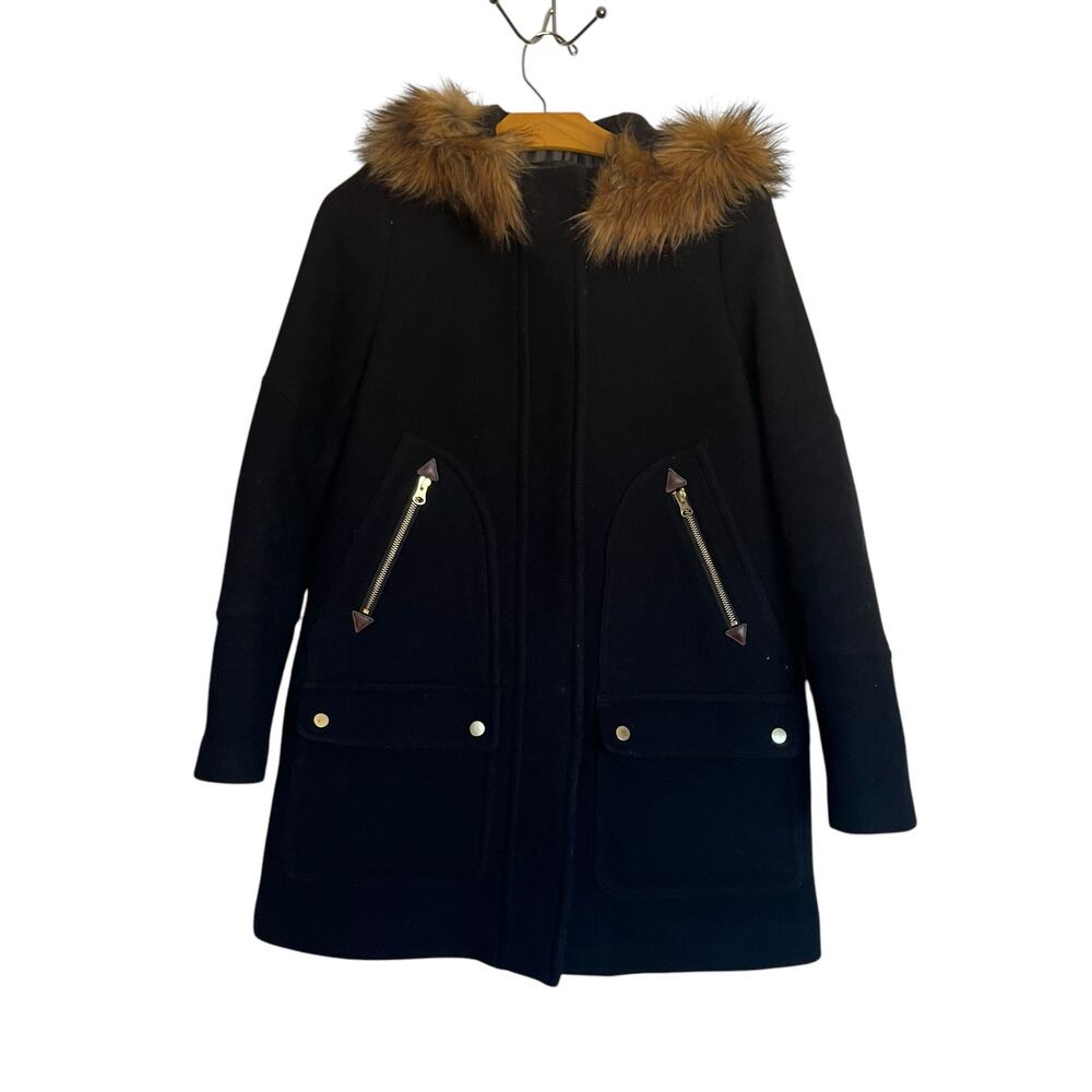 J. Crew Chateau Parka Stadium Cloth Nello Gori Wool Jacket Fur Trim Black Size S